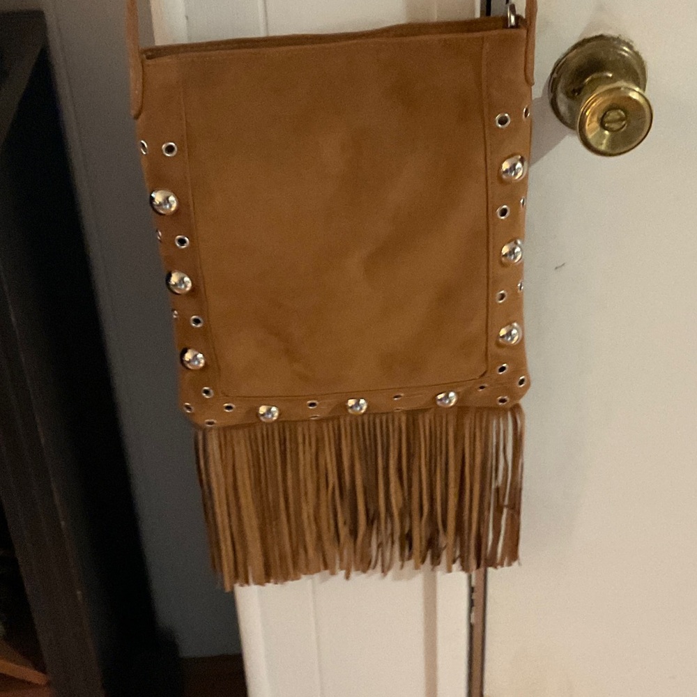 Source Unknown Tan Fringe Crossbody Bag with Stud Accents